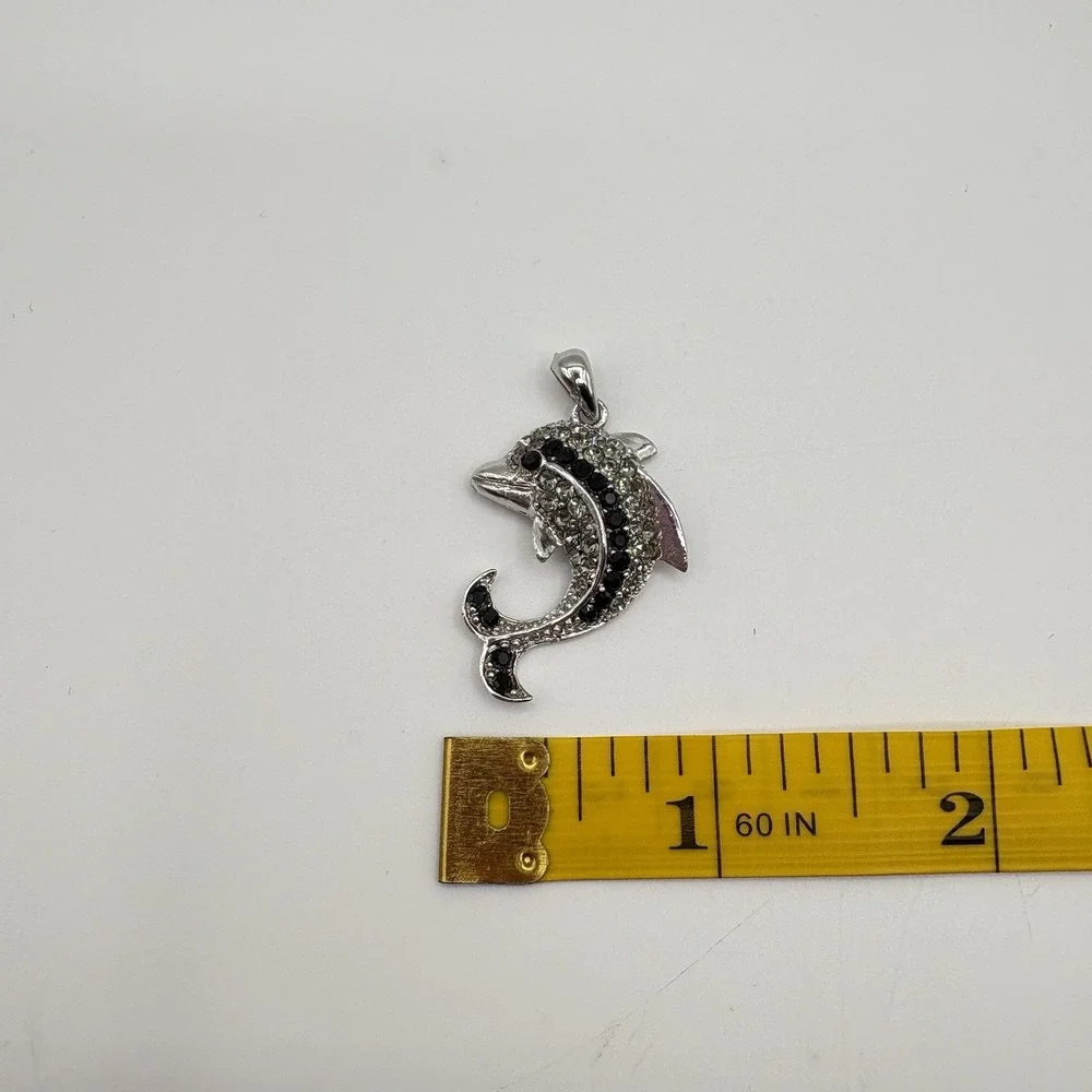 Vintage‎ Dolphin Pendant Silver Tone With Black And Clear Rhinestones